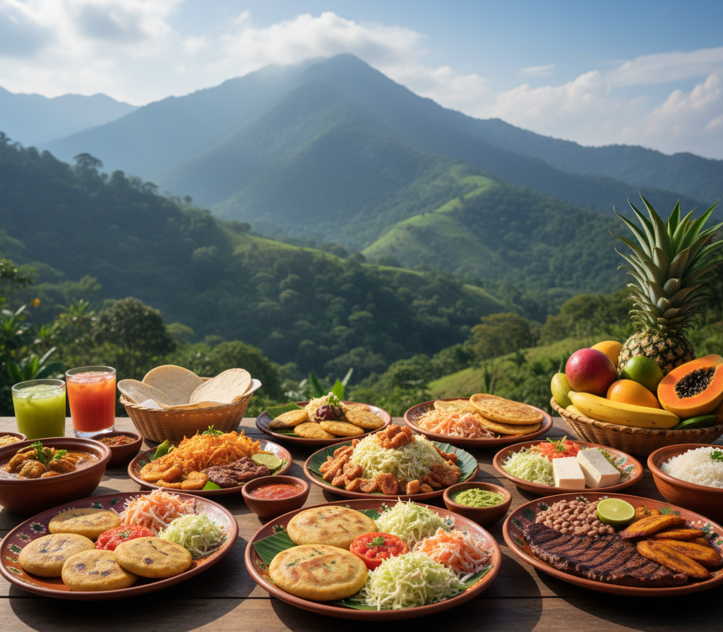 Montañas de fondo con platillos centroamericanos